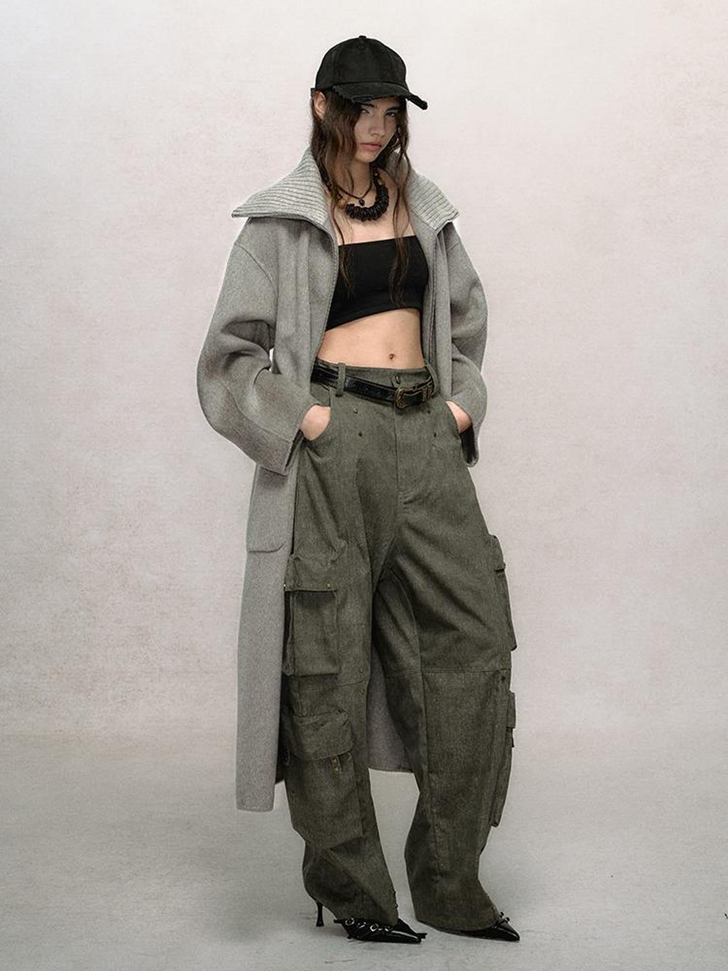 AnnoMundi Retro Sage Green Wool Blend Coat With Detachable Collar