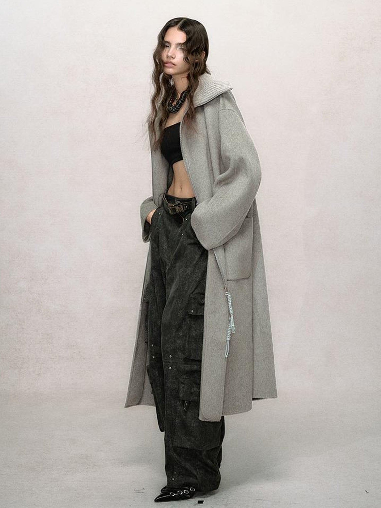 AnnoMundi Retro Sage Green Wool Blend Coat With Detachable Collar