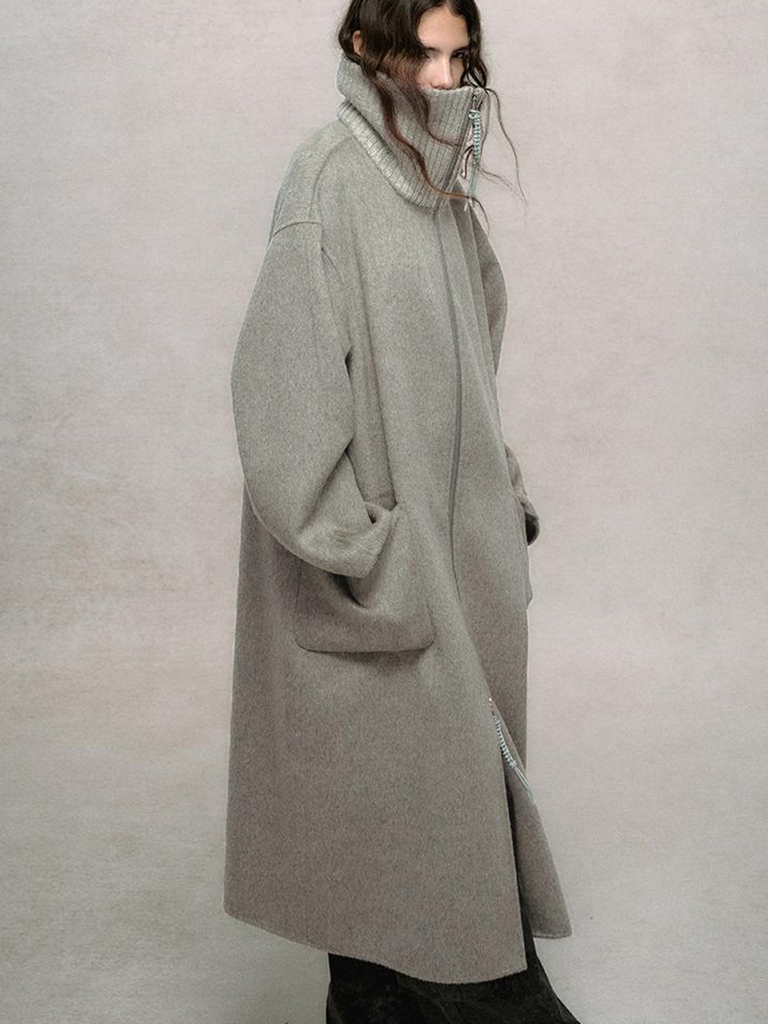 AnnoMundi Retro Sage Green Wool Blend Coat With Detachable Collar