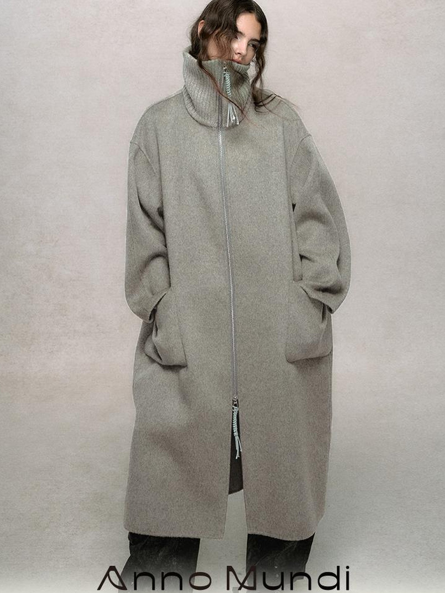 AnnoMundi Retro Sage Green Wool Blend Coat With Detachable Collar