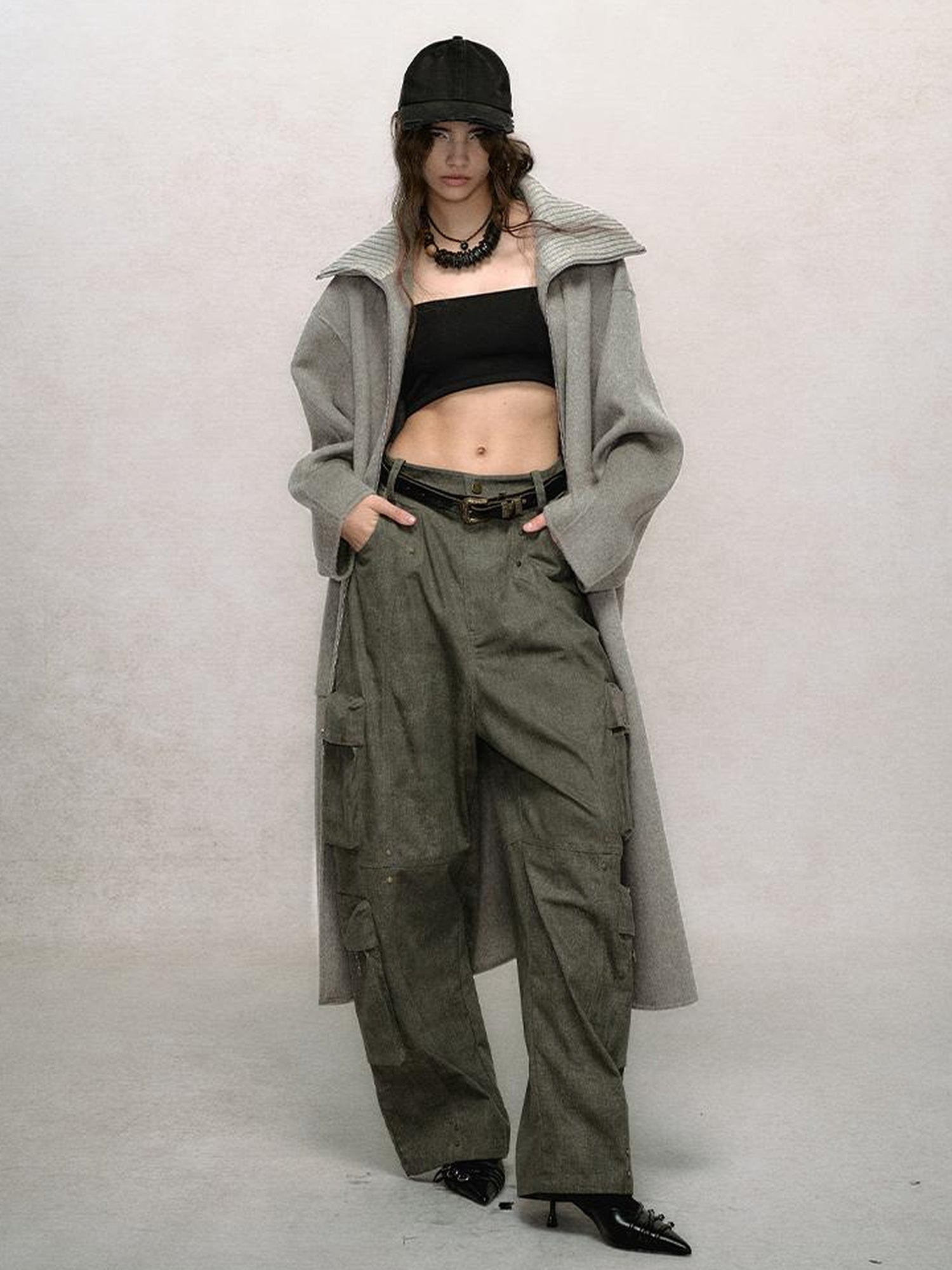 AnnoMundi Retro Sage Green Wool Blend Coat With Detachable Collar