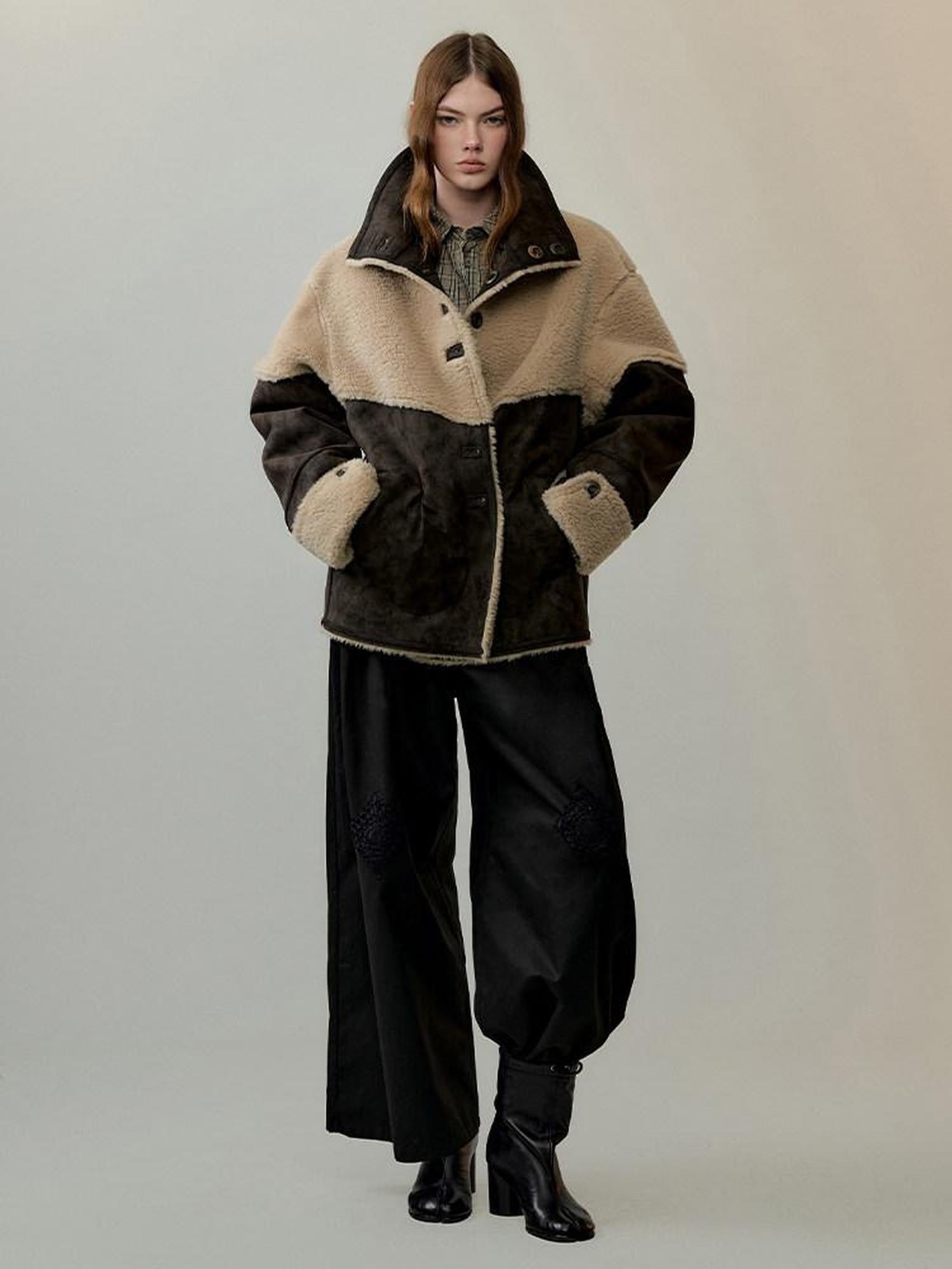 AnnoMundi Reversible Eco Friendly Oversized Stand Collar Faux Fur Trim Women Brown Jacket