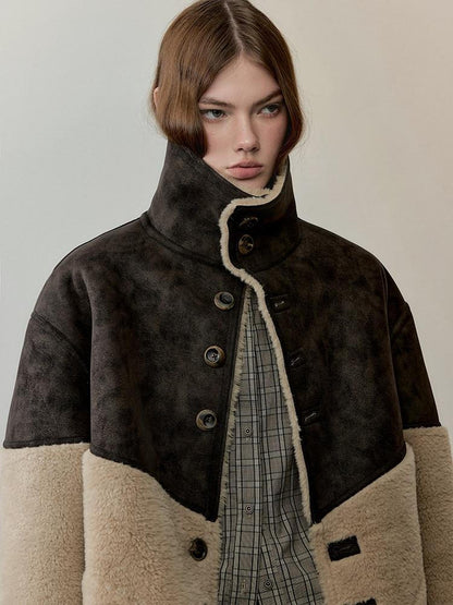AnnoMundi Reversible Eco Friendly Oversized Stand Collar Faux Fur Trim Women Brown Jacket