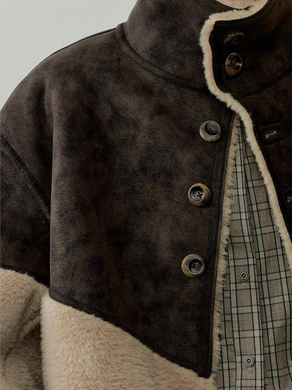 AnnoMundi Reversible Eco Friendly Oversized Stand Collar Faux Fur Trim Women Brown Jacket
