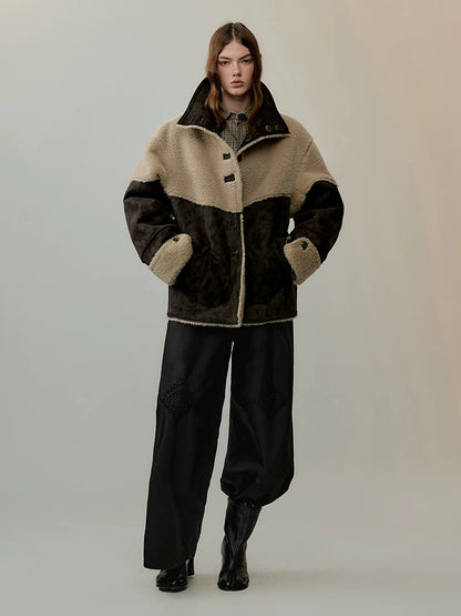 AnnoMundi Reversible Eco Friendly Oversized Stand Collar Faux Fur Trim Women Brown Jacket