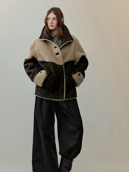 AnnoMundi Reversible Eco Friendly Oversized Stand Collar Faux Fur Trim Women Brown Jacket