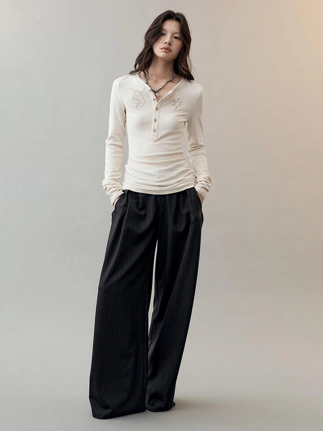 AnnoMundi Rooted Wings Embroidered V-neck T-shirt Long Sleeve T-shirt