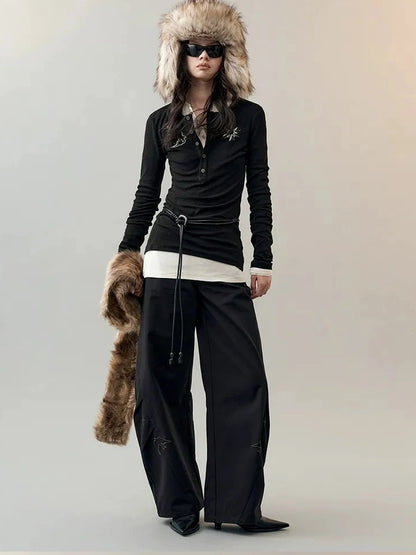 AnnoMundi Rooted Wings Embroidered V-neck T-shirt Long Sleeve T-shirt