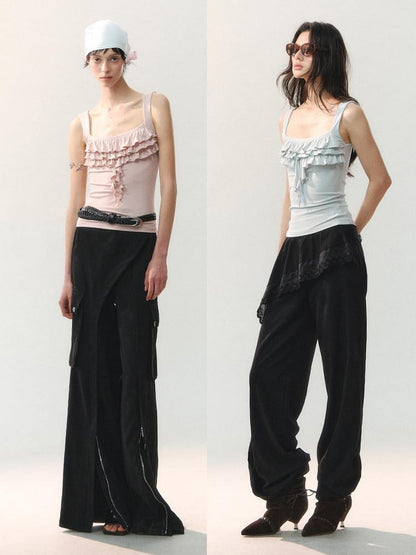 AnnoMundi Ruched Floral Square Neck Lace Trim Women&