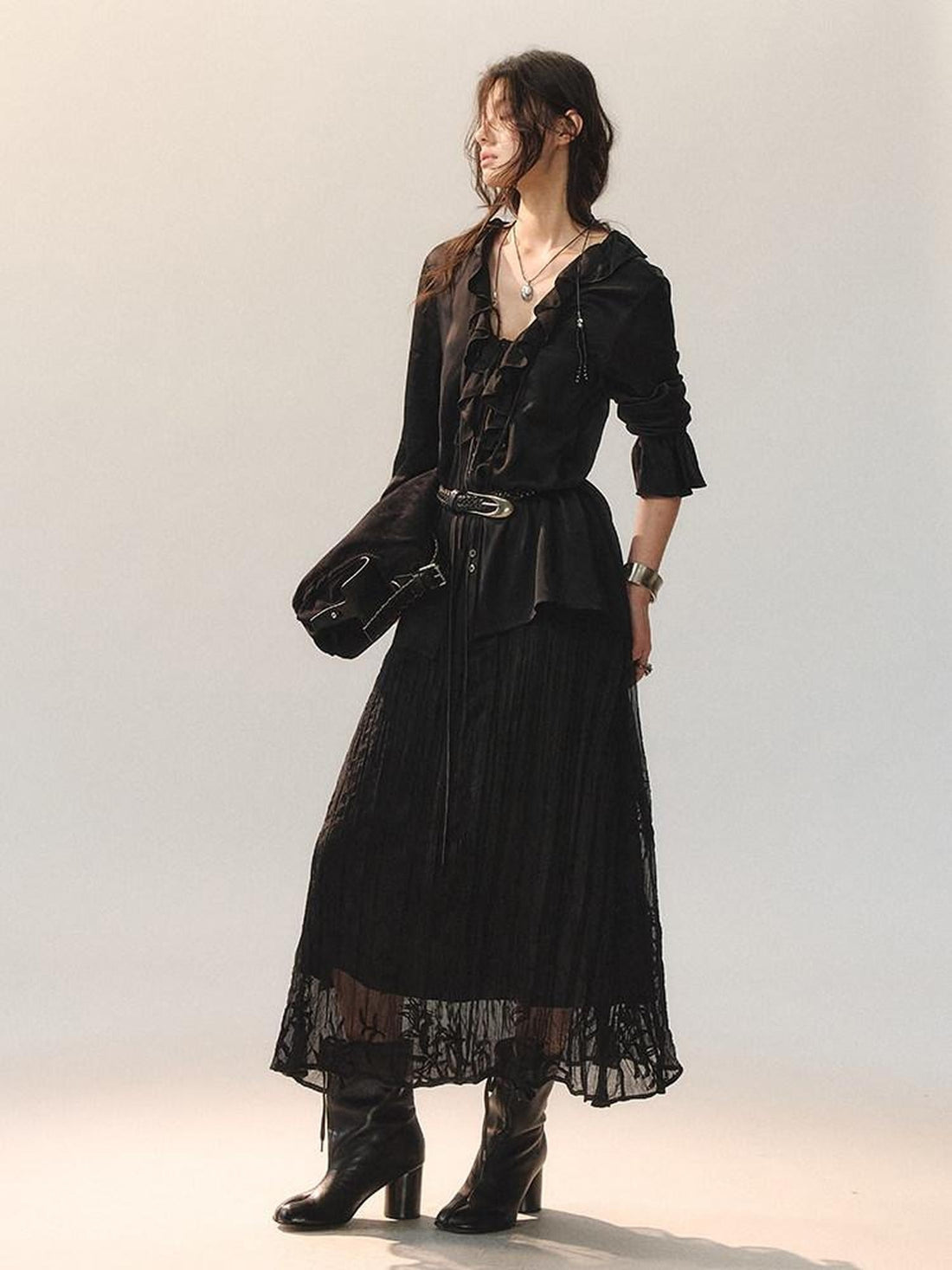 AnnoMundi Ruffle Detail Casual Loose Fit Cuffed Long Sleeve Women Polyester Black Blouses