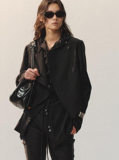 AnnoMundi Ruffle Detail Casual Loose Fit Cuffed Long Sleeve Women Polyester Black Blouses