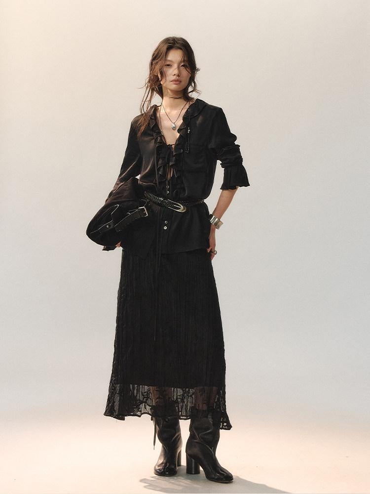AnnoMundi Ruffle Detail Casual Loose Fit Cuffed Long Sleeve Women Polyester Black Blouses