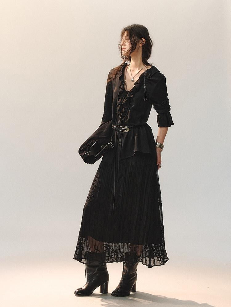 AnnoMundi Ruffle Detail Casual Loose Fit Cuffed Long Sleeve Women Polyester Black Blouses