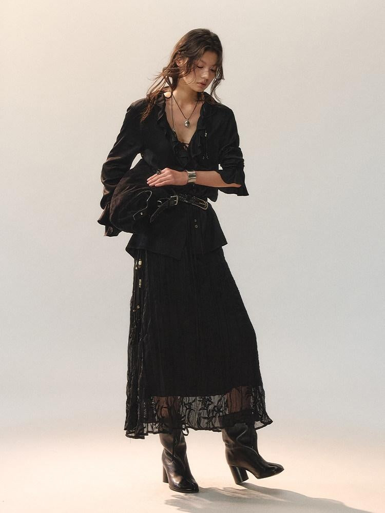 AnnoMundi Ruffle Detail Casual Loose Fit Cuffed Long Sleeve Women Polyester Black Blouses