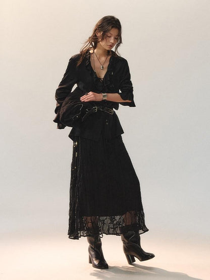 AnnoMundi Ruffle Detail Casual Loose Fit Cuffed Long Sleeve Women Polyester Black Blouses