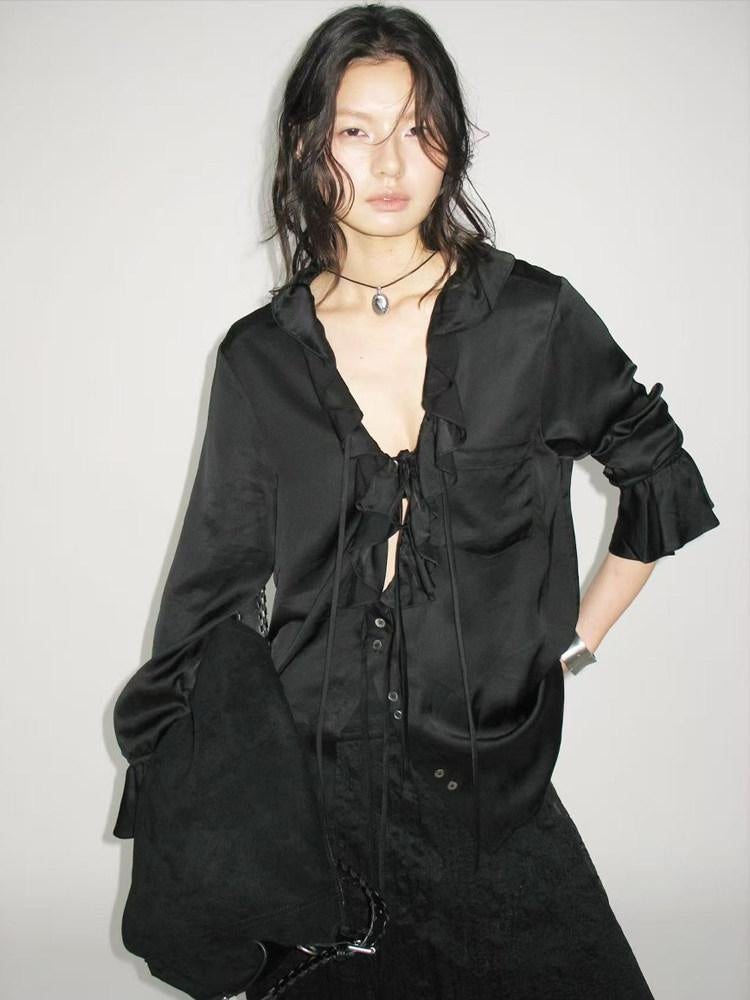 AnnoMundi Ruffle Detail Casual Loose Fit Cuffed Long Sleeve Women Polyester Black Blouses