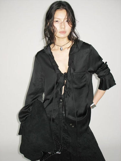 AnnoMundi Ruffle Detail Casual Loose Fit Cuffed Long Sleeve Women Polyester Black Blouses