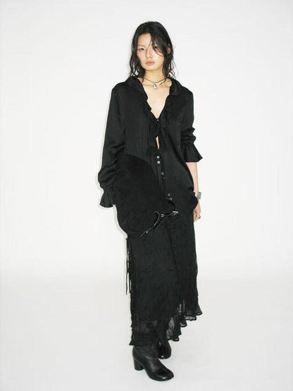 AnnoMundi Ruffle Detail Casual Loose Fit Cuffed Long Sleeve Women Polyester Black Blouses