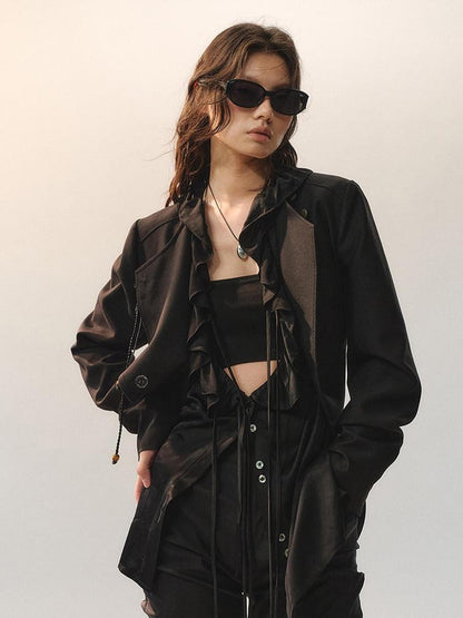 AnnoMundi Ruffle Detail Casual Loose Fit Cuffed Long Sleeve Women Polyester Black Blouses