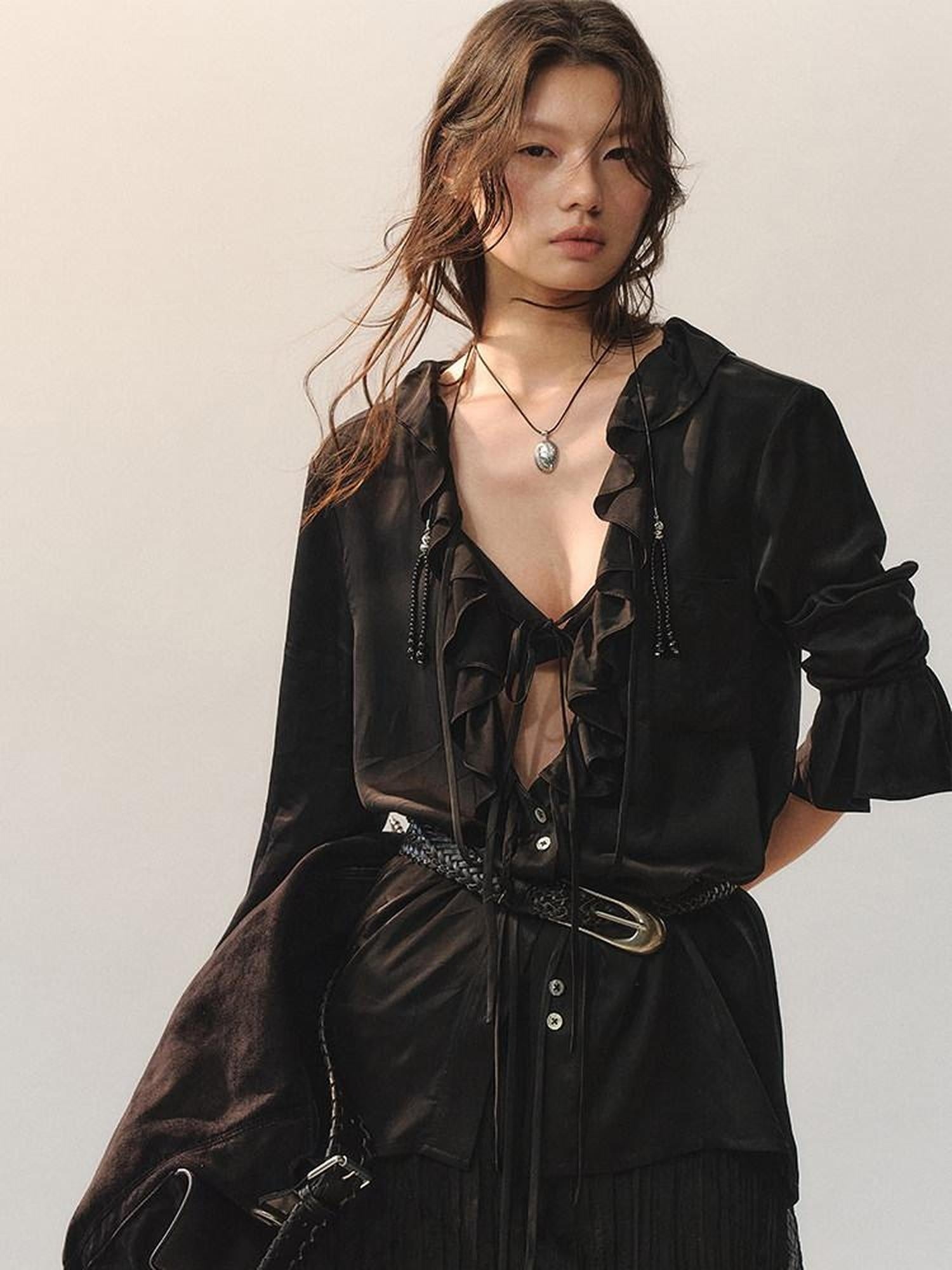 AnnoMundi Ruffle Detail Casual Loose Fit Cuffed Long Sleeve Women Polyester Black Blouses