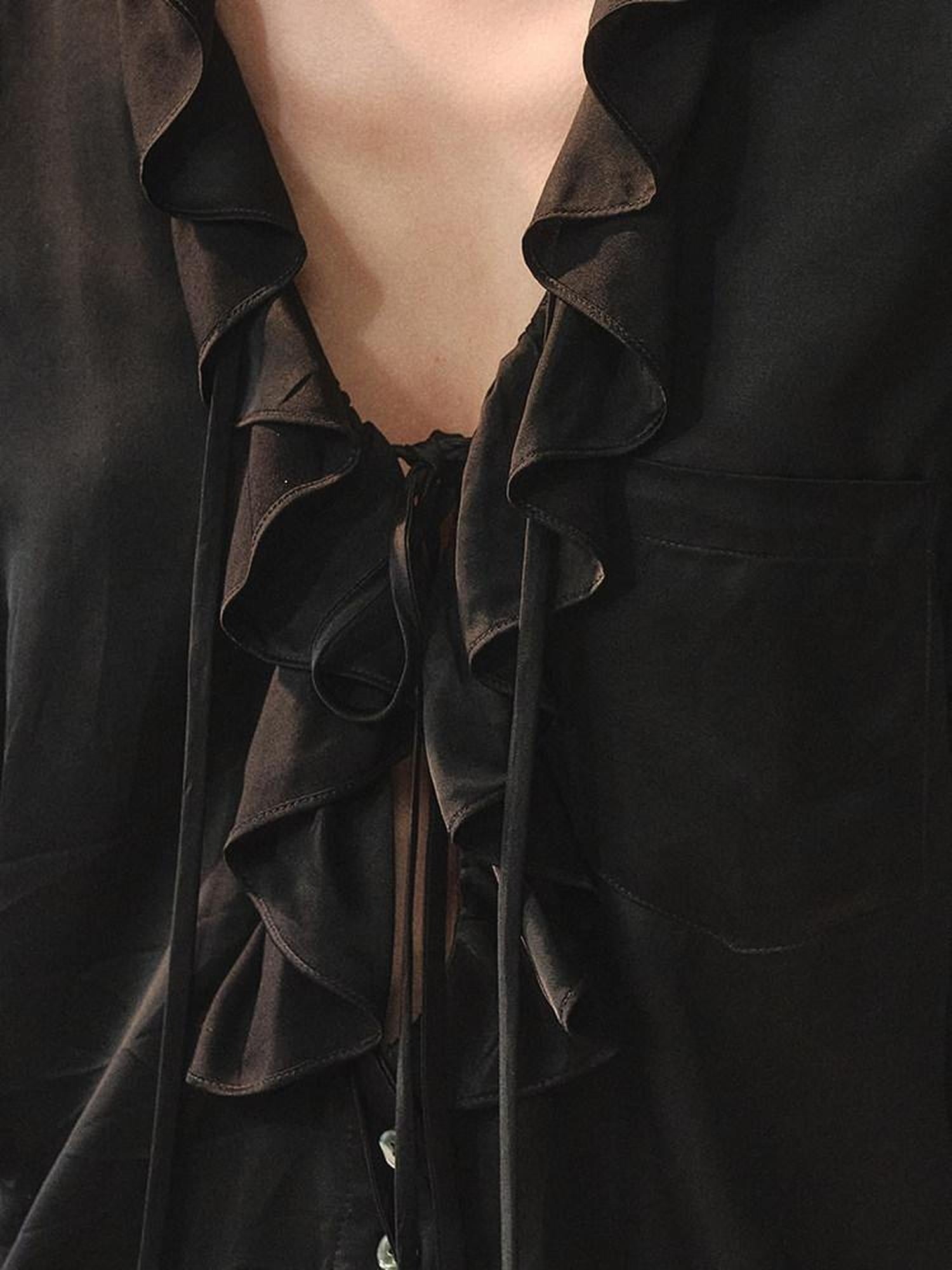 AnnoMundi Ruffle Detail Casual Loose Fit Cuffed Long Sleeve Women Polyester Black Blouses