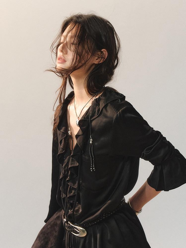 AnnoMundi Ruffle Detail Casual Loose Fit Cuffed Long Sleeve Women Polyester Black Blouses