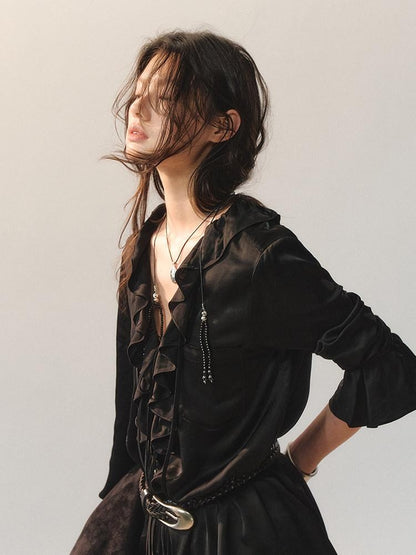 AnnoMundi Ruffle Detail Casual Loose Fit Cuffed Long Sleeve Women Polyester Black Blouses