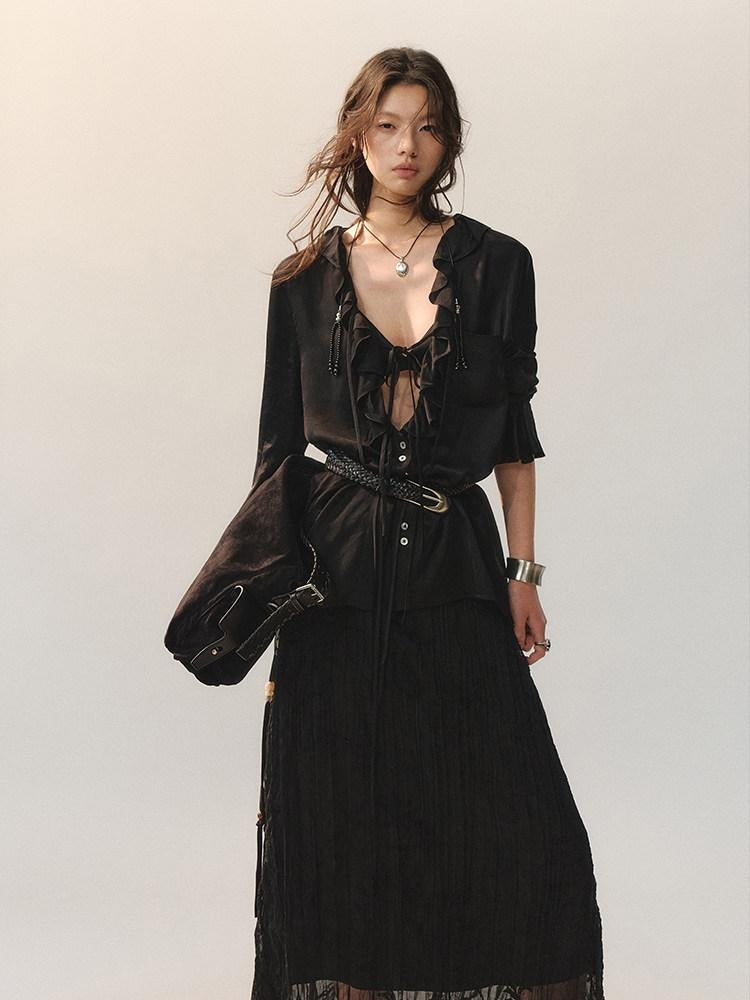 AnnoMundi Ruffle Detail Casual Loose Fit Cuffed Long Sleeve Women Polyester Black Blouses
