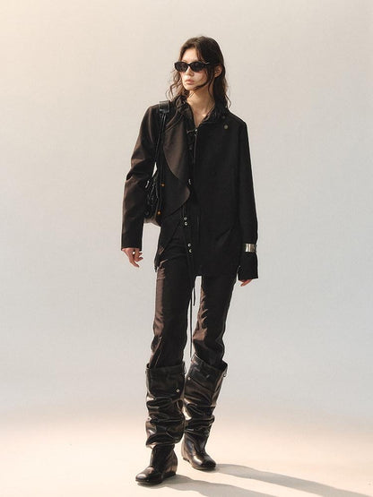 AnnoMundi Ruffle Detail Casual Loose Fit Cuffed Long Sleeve Women Polyester Black Blouses