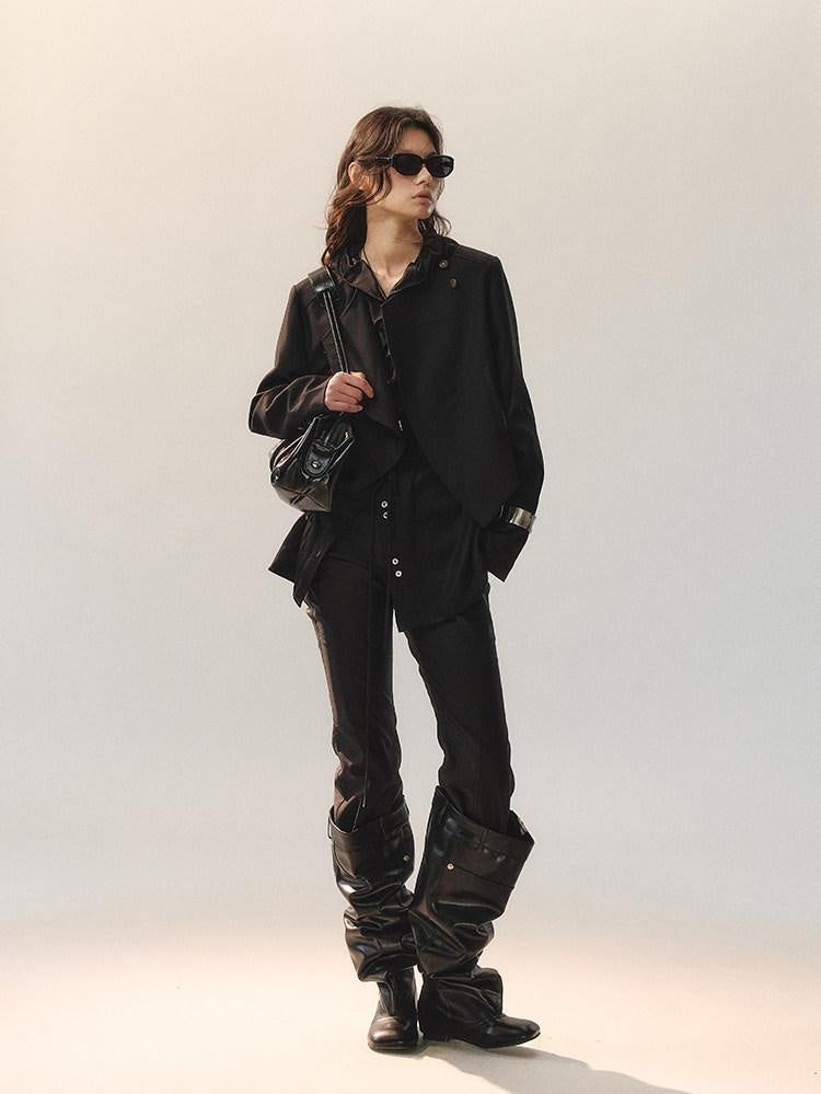AnnoMundi Ruffle Detail Casual Loose Fit Cuffed Long Sleeve Women Polyester Black Blouses