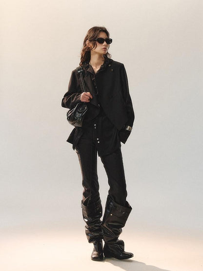 AnnoMundi Ruffle Detail Casual Loose Fit Cuffed Long Sleeve Women Polyester Black Blouses