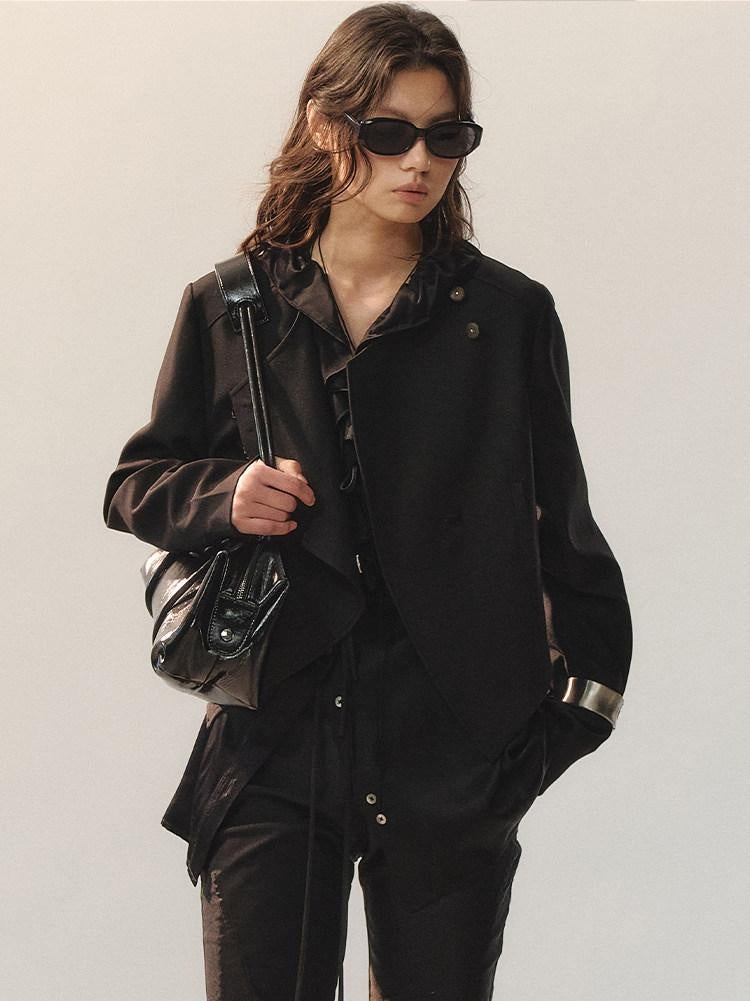 AnnoMundi Ruffle Detail Casual Loose Fit Cuffed Long Sleeve Women Polyester Black Blouses