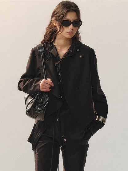 AnnoMundi Ruffle Detail Casual Loose Fit Cuffed Long Sleeve Women Polyester Black Blouses