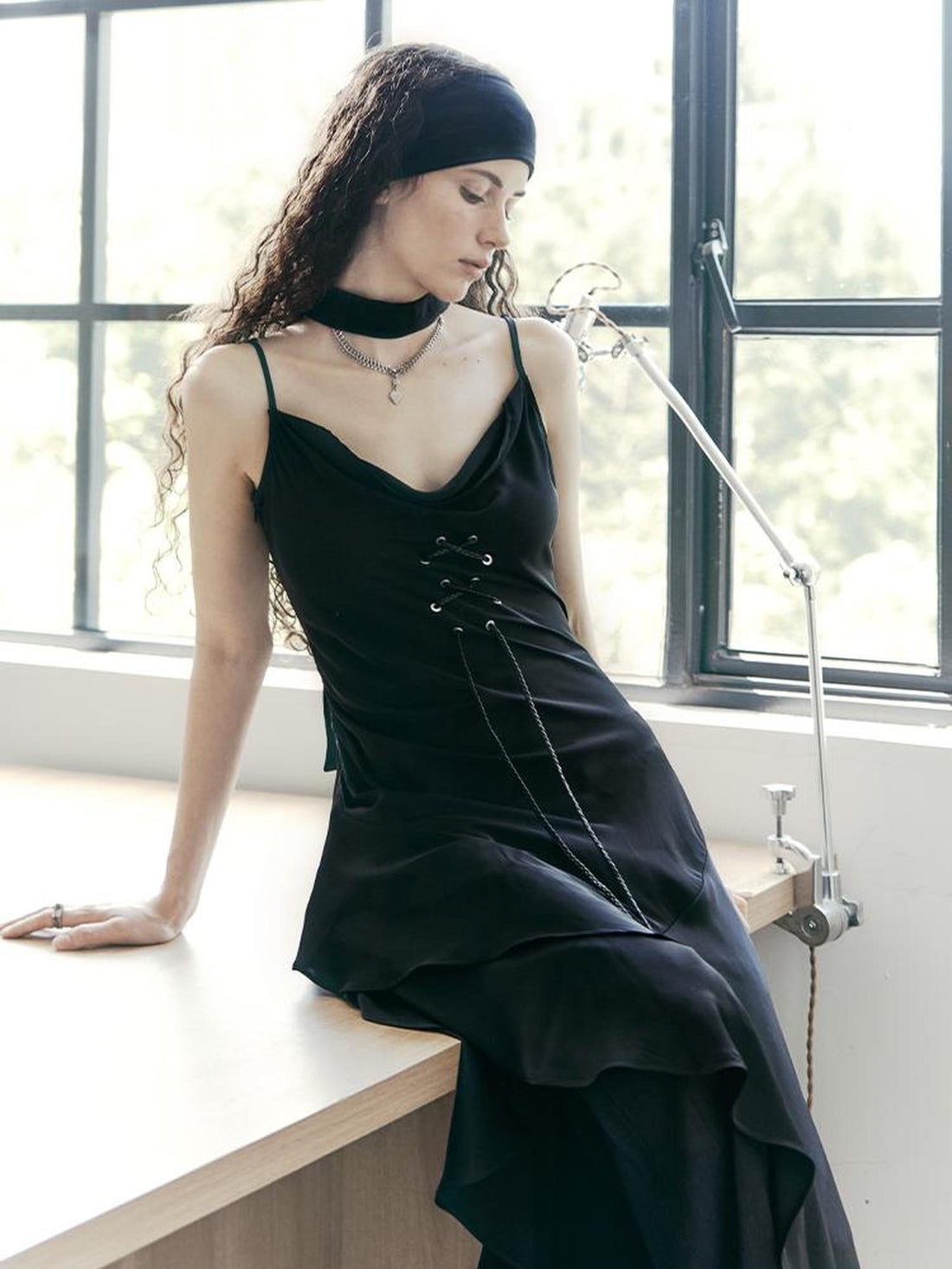 AnnoMundi Satin Slip Dress with Draped Neck and Asymmetric Hem