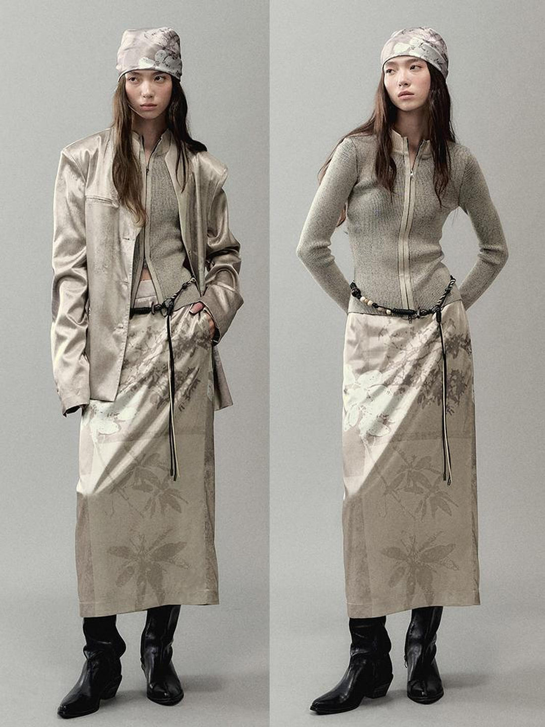 AnnoMundi Satin Slit Hem Midi Skirt with Branch Print