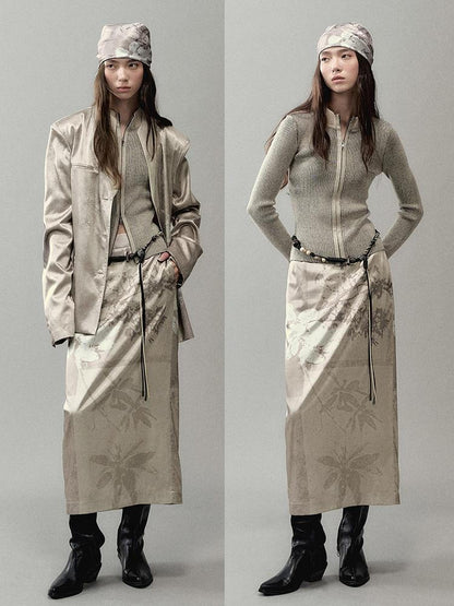 AnnoMundi Satin Slit Hem Midi Skirt with Branch Print