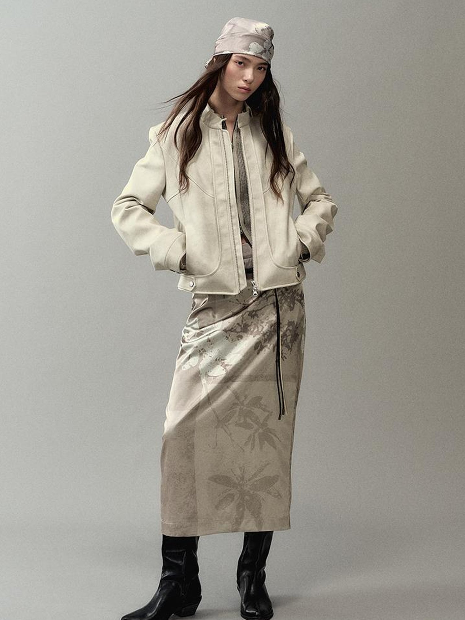 AnnoMundi Satin Slit Hem Midi Skirt with Branch Print