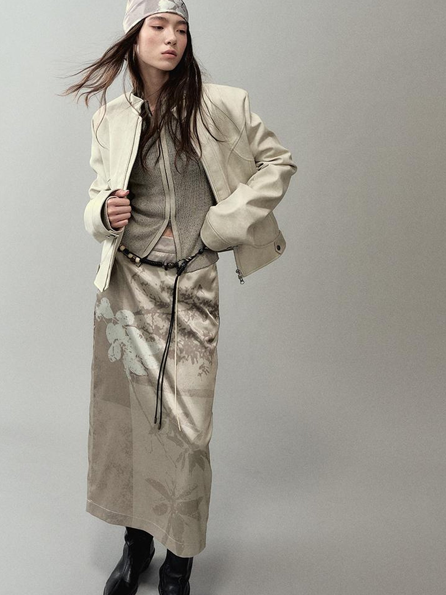 AnnoMundi Satin Slit Hem Midi Skirt with Branch Print