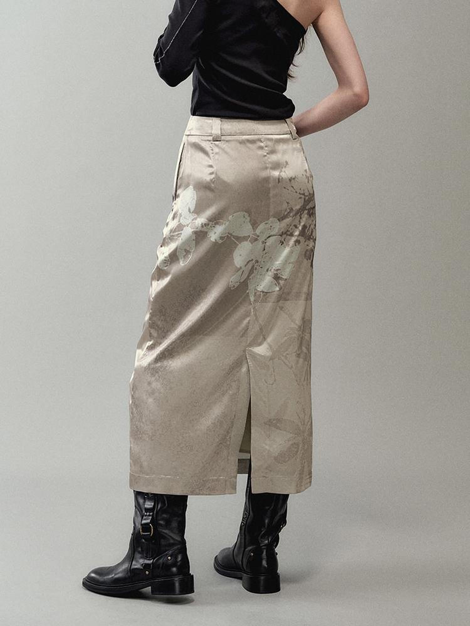 AnnoMundi Satin Slit Hem Midi Skirt with Branch Print