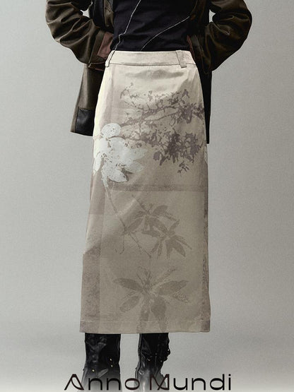 AnnoMundi Satin Slit Hem Midi Skirt with Branch Print