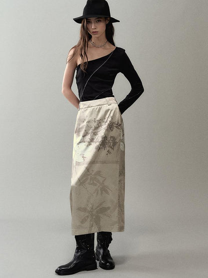 AnnoMundi Satin Slit Hem Midi Skirt with Branch Print
