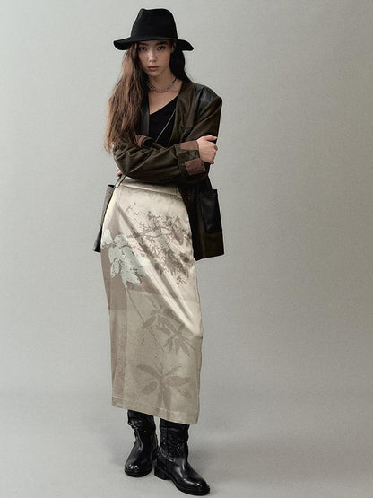 AnnoMundi Satin Slit Hem Midi Skirt with Branch Print