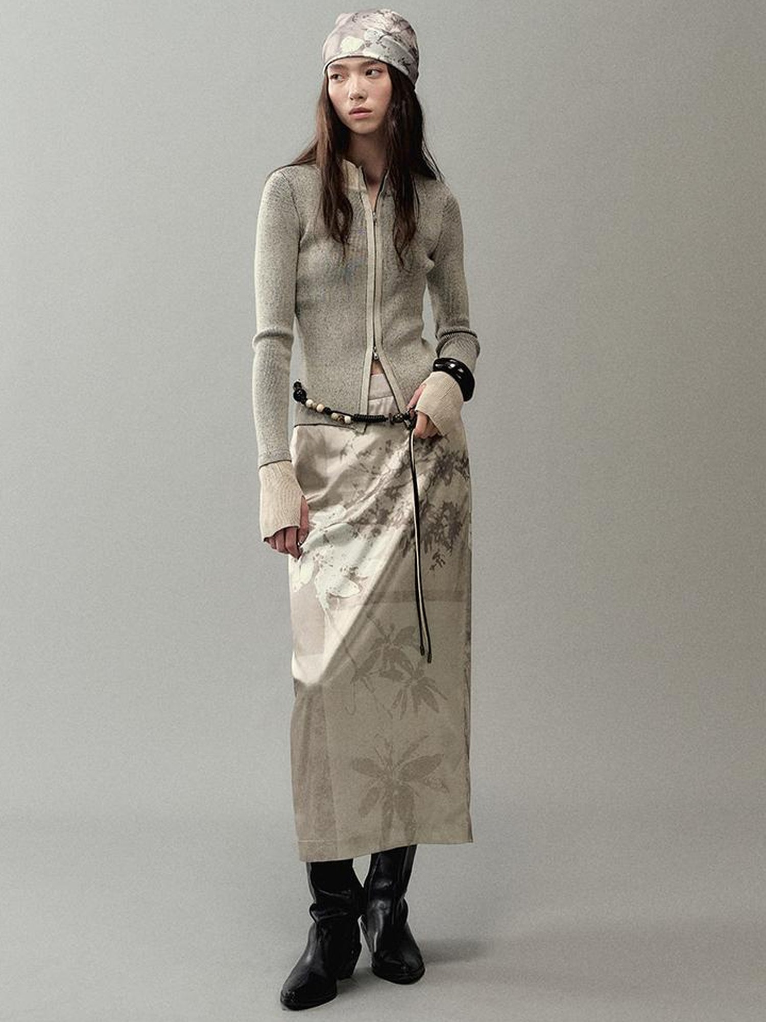 AnnoMundi Satin Slit Hem Midi Skirt with Branch Print