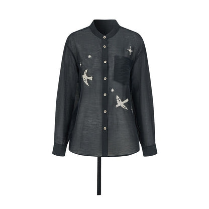 AnnoMundi Semi Sheer Washed Stand Collar Open Cardigan Women&