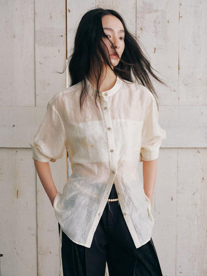 AnnoMundi Semi Sheer Washed Stand Collar Open Cardigan Women&