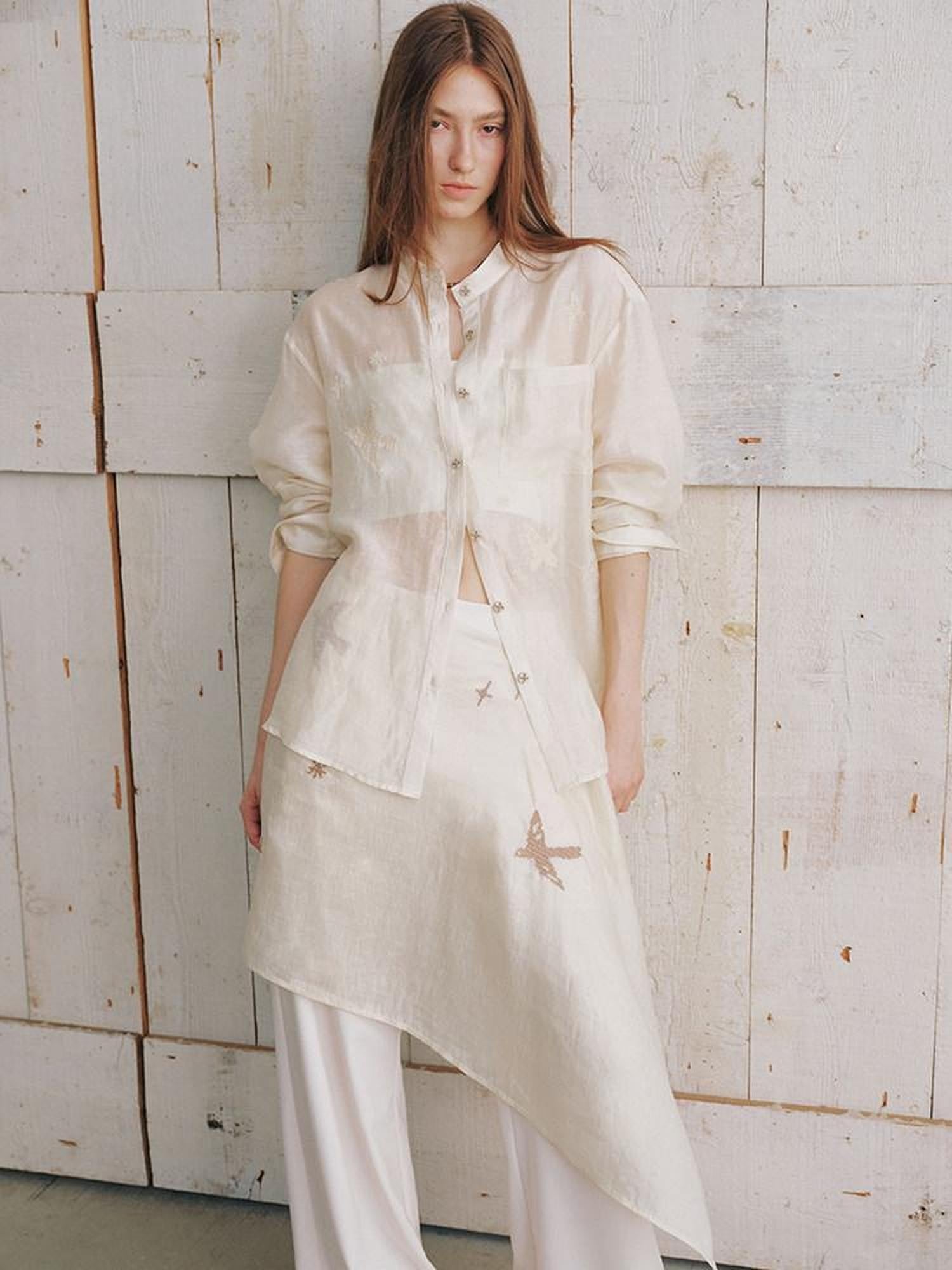 AnnoMundi Semi Sheer Washed Stand Collar Open Cardigan Women&