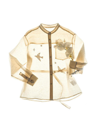 AnnoMundi Semi Sheer Washed Stand Collar Open Cardigan Women&
