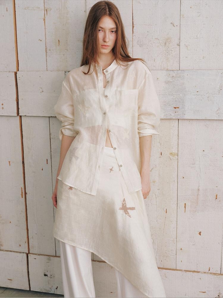 AnnoMundi Semi Sheer Washed Stand Collar Open Cardigan Women&