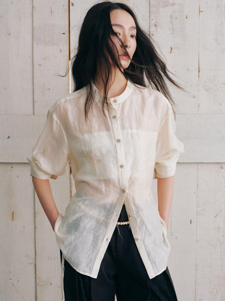 AnnoMundi Semi Sheer Washed Stand Collar Open Cardigan Women&