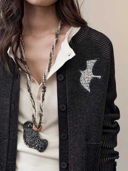 AnnoMundi Shadow Bird Embroidered Cardigan V-neck T-shirt Long Sleeve Cardigan